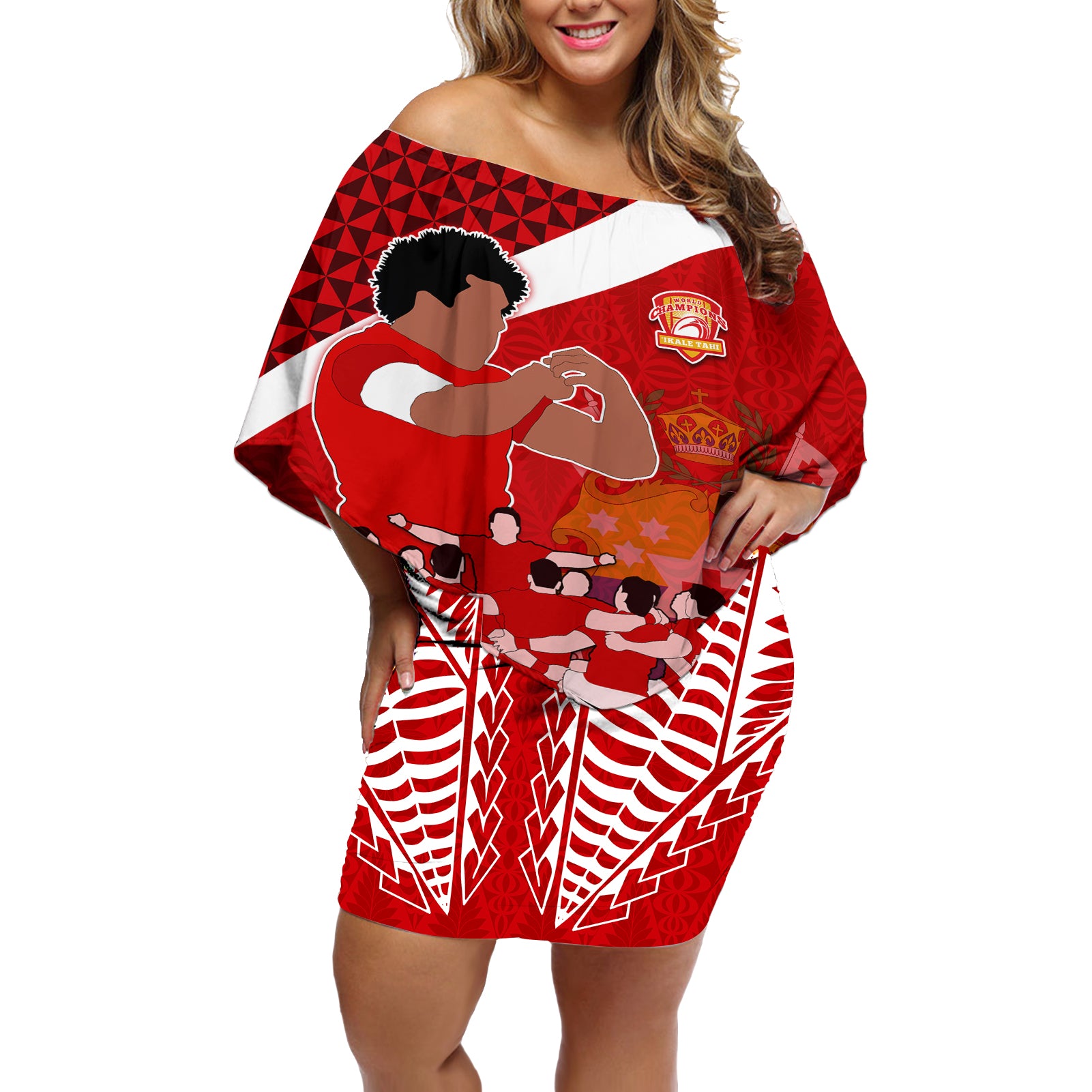 tonga-rugby-off-shoulder-short-dress-sipi-tau-dance-coat-of-arms-ngatu-pattern