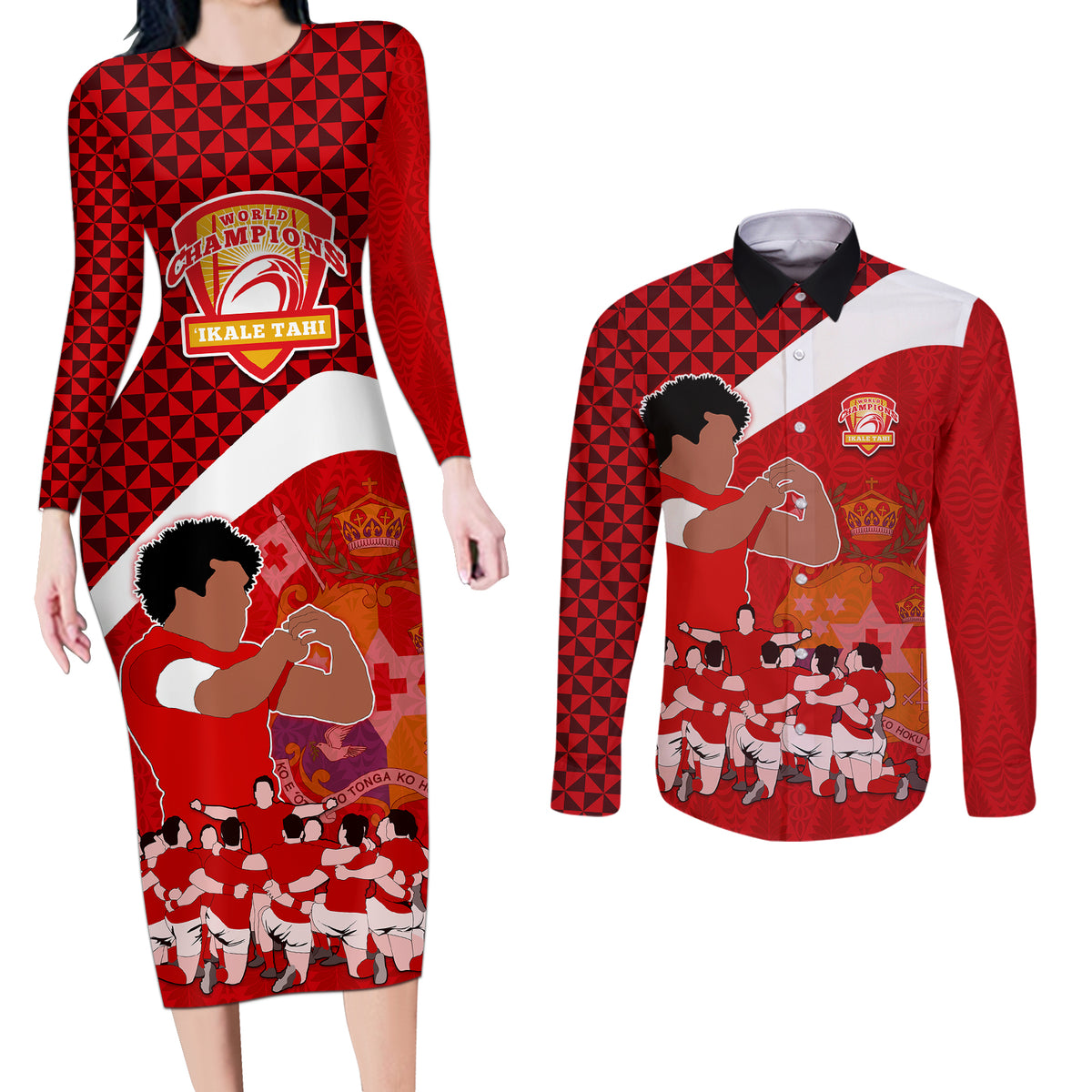 personalised-tonga-rugby-couples-matching-long-sleeve-bodycon-dress-and-long-sleeve-button-shirts-sipi-tau-dance-coat-of-arms-ngatu-pattern