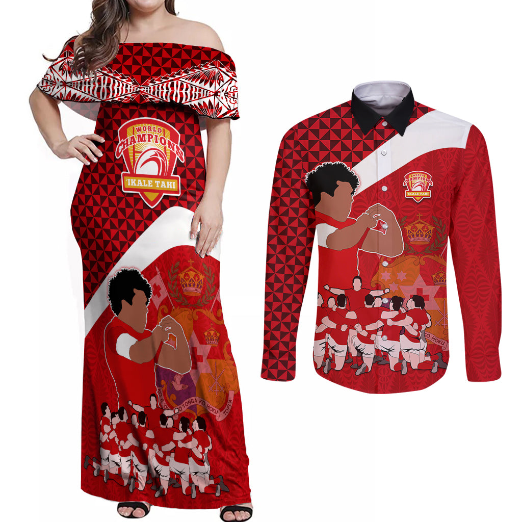 personalised-tonga-rugby-couples-matching-off-shoulder-maxi-dress-and-long-sleeve-button-shirts-sipi-tau-dance-coat-of-arms-ngatu-pattern