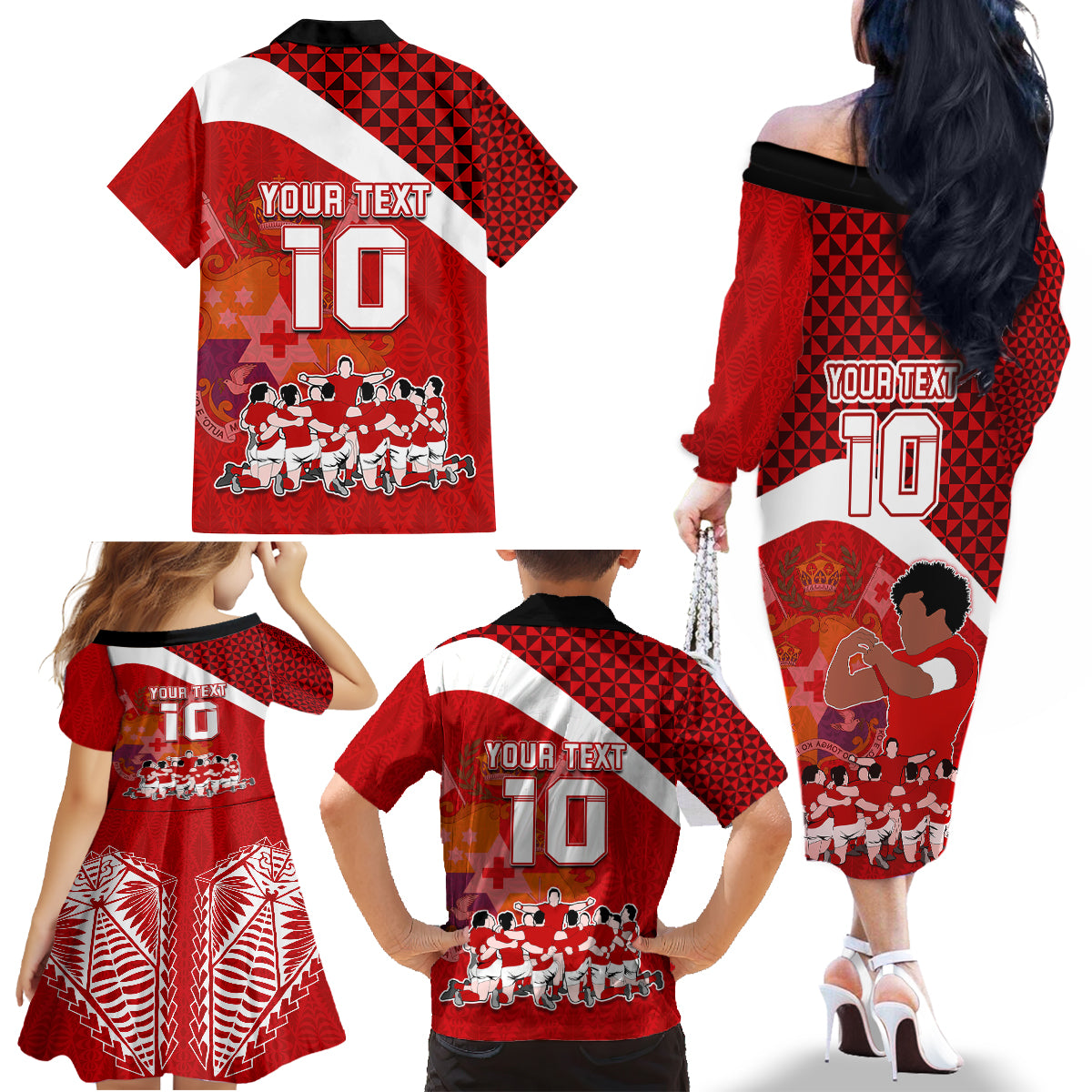 Personalised Tonga Rugby Family Matching Off Shoulder Long Sleeve Dress and Hawaiian Shirt Sipi Tau Dance Coat of Arms Ngatu Pattern LT03 - Polynesian Pride