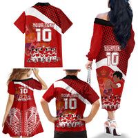 Personalised Tonga Rugby Family Matching Off Shoulder Long Sleeve Dress and Hawaiian Shirt Sipi Tau Dance Coat of Arms Ngatu Pattern LT03 - Polynesian Pride