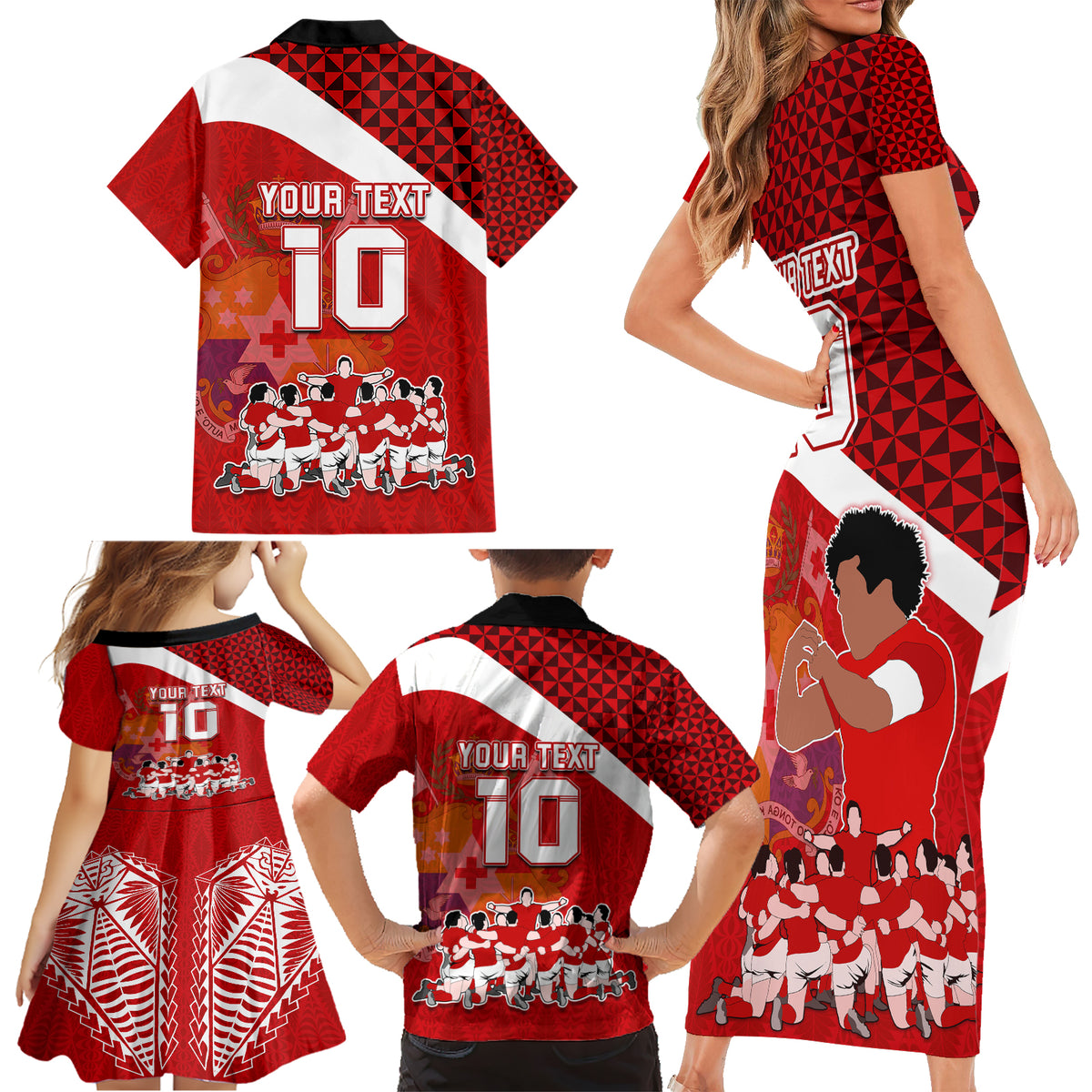 Personalised Tonga Rugby Family Matching Short Sleeve Bodycon Dress and Hawaiian Shirt Sipi Tau Dance Coat of Arms Ngatu Pattern LT03 - Polynesian Pride