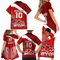 Personalised Tonga Rugby Family Matching Short Sleeve Bodycon Dress and Hawaiian Shirt Sipi Tau Dance Coat of Arms Ngatu Pattern LT03 - Polynesian Pride