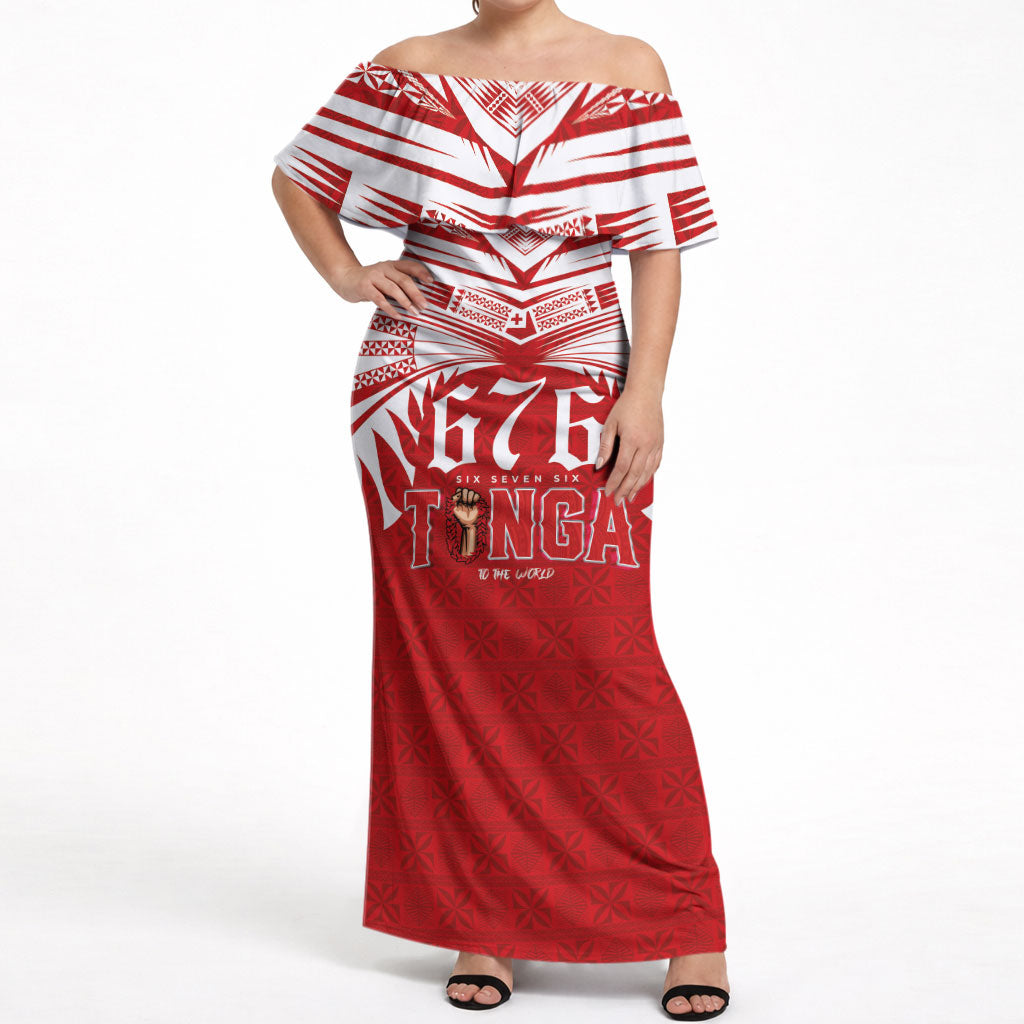 Tonga Rugby Custom Off Shoulder Maxi Dress Sipi Tau - Six Seven Six to the World LT03 Women Red - Polynesian Pride
