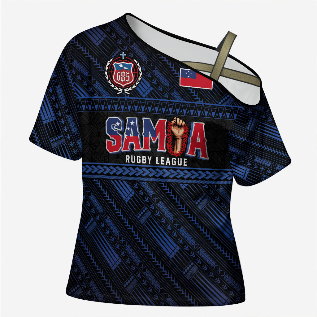 Toa Samoa Rugby Cross Shoulder Shirt Siva Tau - Samoan Warriors Pacific Pattern LT03 Female Navy - Polynesian Pride