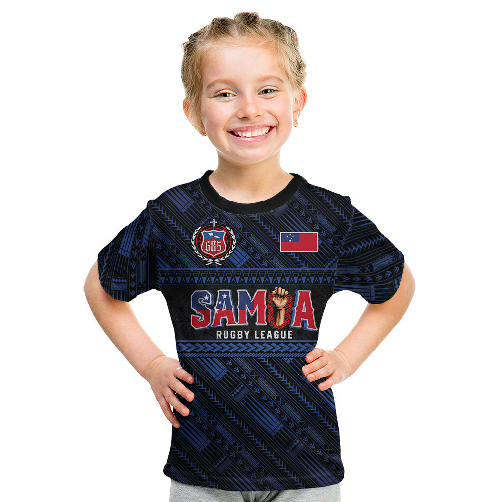 Toa Samoa Rugby Kid T Shirt Siva Tau - Samoan Warriors Pacific Pattern LT03 Navy - Polynesian Pride