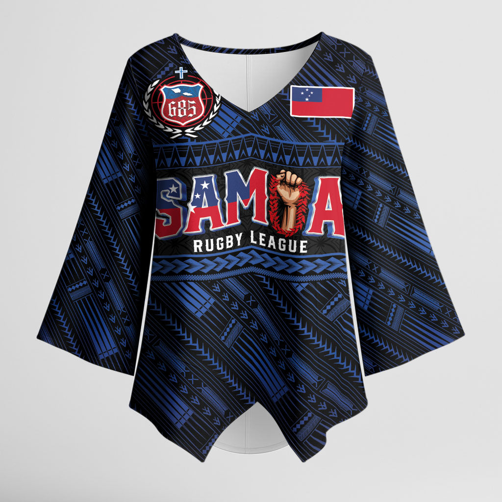 Toa Samoa Rugby Kimono Sleeve Blouse Siva Tau - Samoan Warriors Pacific Pattern LT03 Female Navy - Polynesian Pride