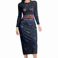 Toa Samoa Rugby Long Sleeve Bodycon Dress Siva Tau - Samoan Warriors Pacific Pattern LT03 Long Dress Navy - Polynesian Pride