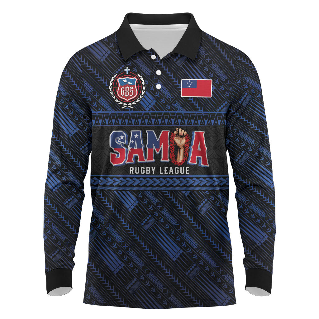 Toa Samoa Rugby Long Sleeve Polo Shirt Siva Tau - Samoan Warriors Pacific Pattern LT03 Navy - Polynesian Pride