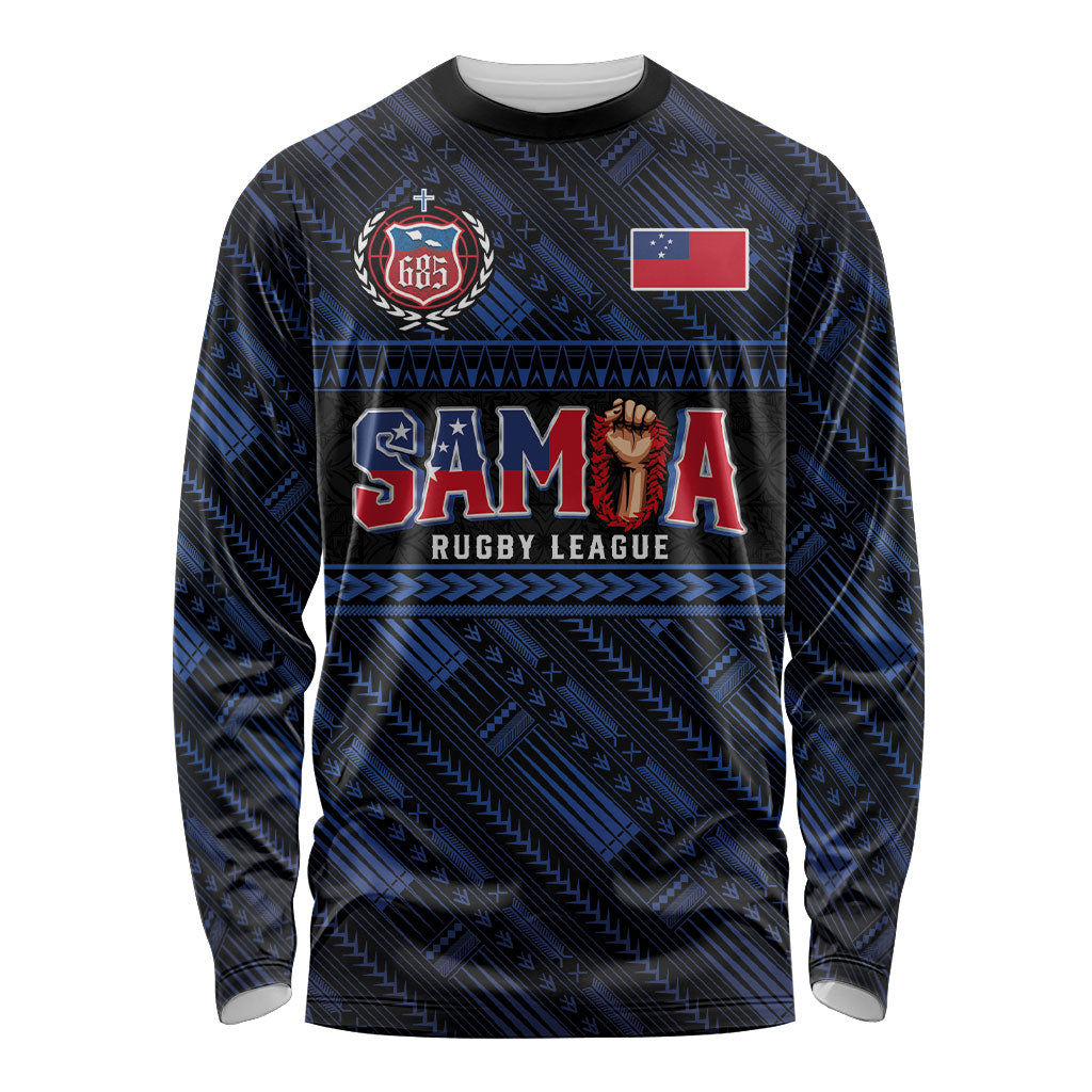 Toa Samoa Rugby Long Sleeve Shirt Siva Tau - Samoan Warriors Pacific Pattern LT03 Unisex Navy - Polynesian Pride