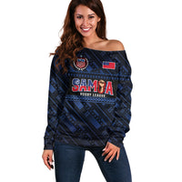 Toa Samoa Rugby Off Shoulder Sweater Siva Tau - Samoan Warriors Pacific Pattern LT03 Women Navy - Polynesian Pride