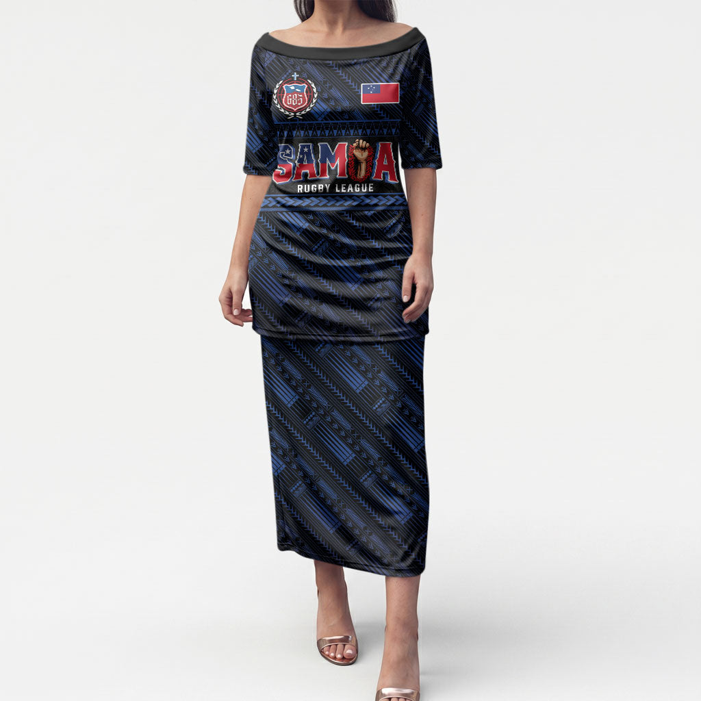 Toa Samoa Rugby Puletasi Siva Tau - Samoan Warriors Pacific Pattern LT03 Long Dress Navy - Polynesian Pride