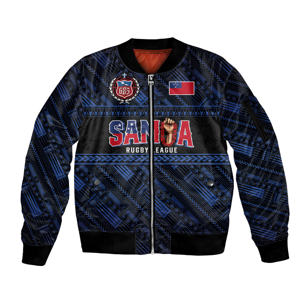 Toa Samoa Rugby Sleeve Zip Bomber Jacket Siva Tau - Samoan Warriors Pacific Pattern LT03 Unisex Navy - Polynesian Pride