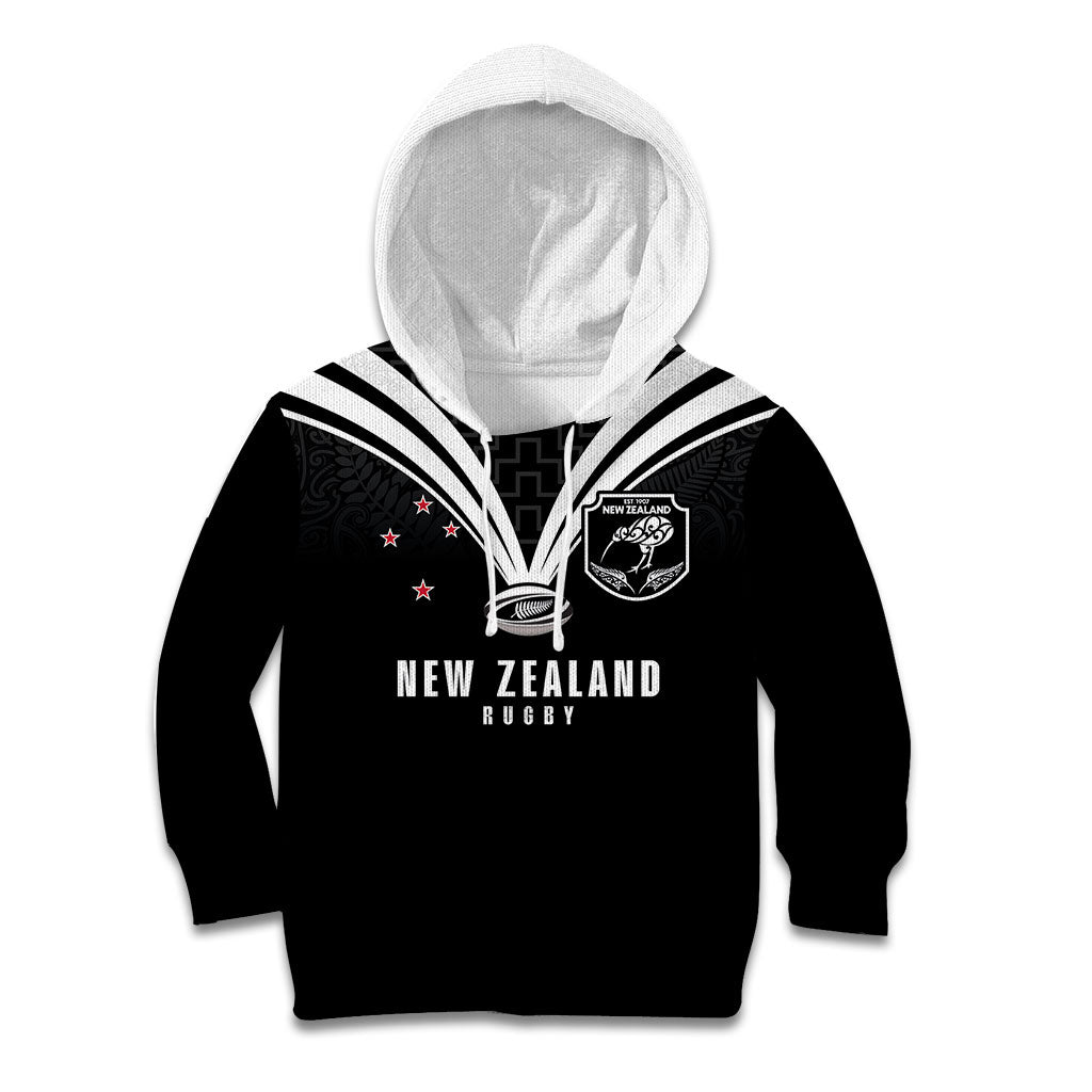 New Zealand Maori Rugby Custom Kid Hoodie Aotearoa Tribal Motif Retro Concept LT03 Hoodie Black - Polynesian Pride