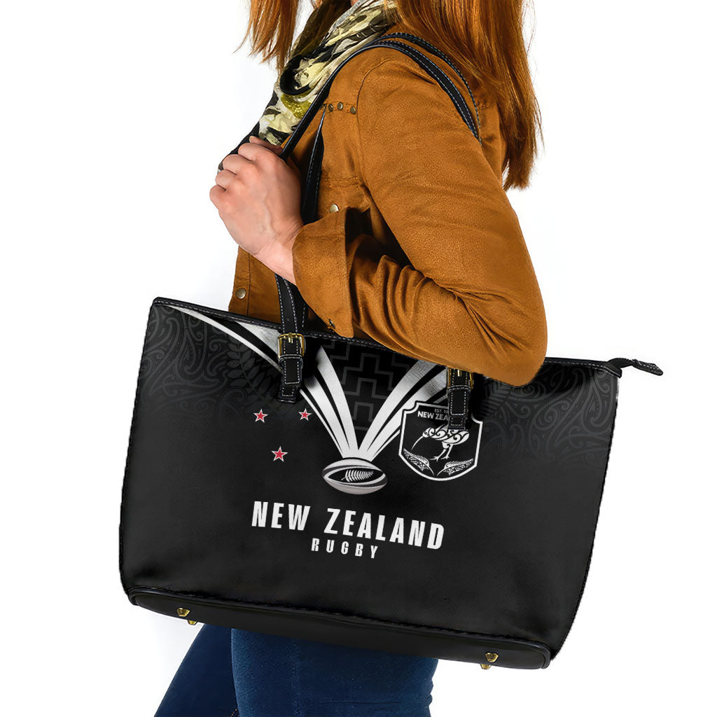 New Zealand Maori Rugby Leather Tote Bag Aotearoa Tribal Motif Retro Concept LT03 Black - Polynesian Pride