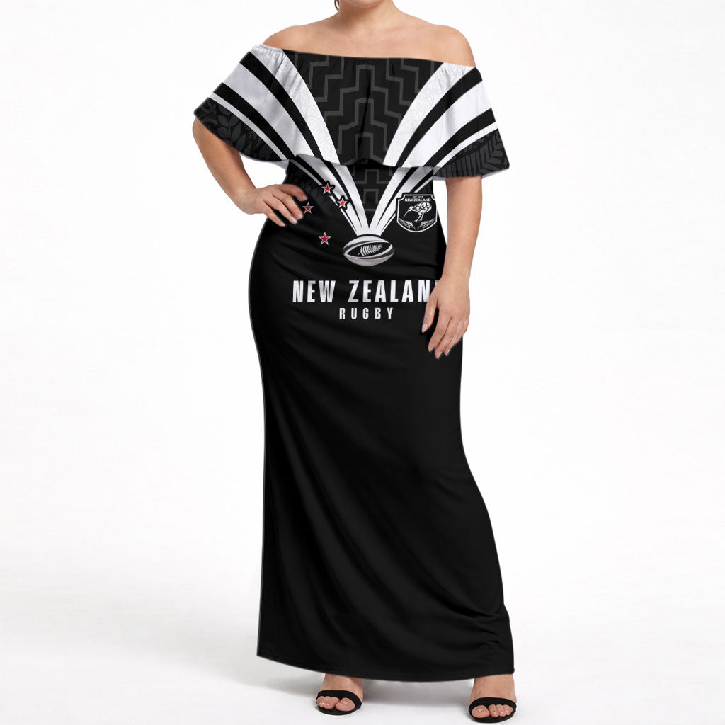 New Zealand Maori Rugby Custom Off Shoulder Maxi Dress Aotearoa Tribal Motif Retro Concept LT03 Women Black - Polynesian Pride