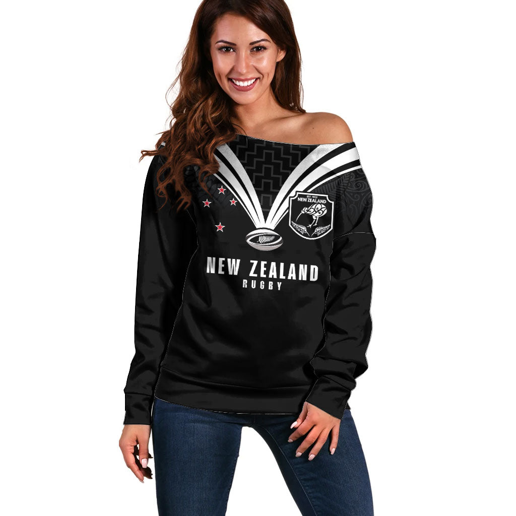 New Zealand Maori Rugby Custom Off Shoulder Sweater Aotearoa Tribal Motif Retro Concept LT03 Women Black - Polynesian Pride