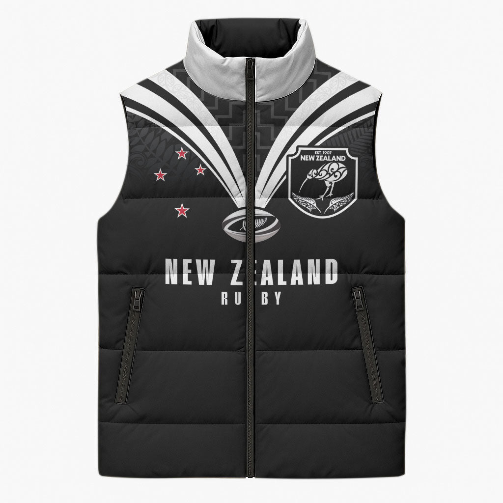 New Zealand Maori Rugby Custom Sleeveless Puffer Jacket Aotearoa Tribal Motif Retro Concept LT03 Unisex Black - Polynesian Pride