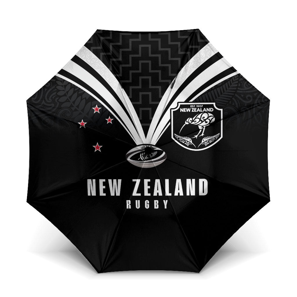 New Zealand Maori Rugby Umbrella Aotearoa Tribal Motif Retro Concept LT03 One Size Folded 11.42 inch Opened Diameter 37.4 inch Black - Polynesian Pride