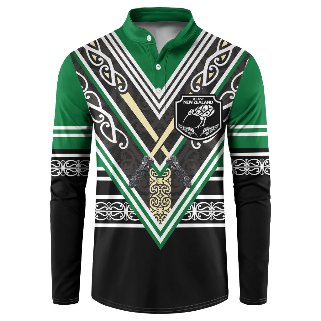 New Zealand Maori Rugby Custom Button Sweatshirt Aotearoa Koru Geometric - Naturalistic Green LT03 Green - Polynesian Pride
