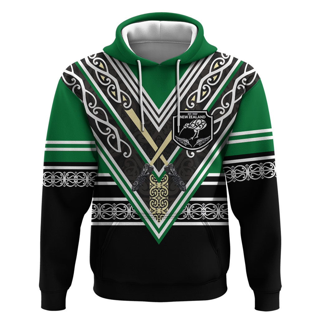 New Zealand Maori Rugby Custom Hoodie Aotearoa Koru Geometric - Naturalistic Green LT03 Pullover Hoodie Green - Polynesian Pride