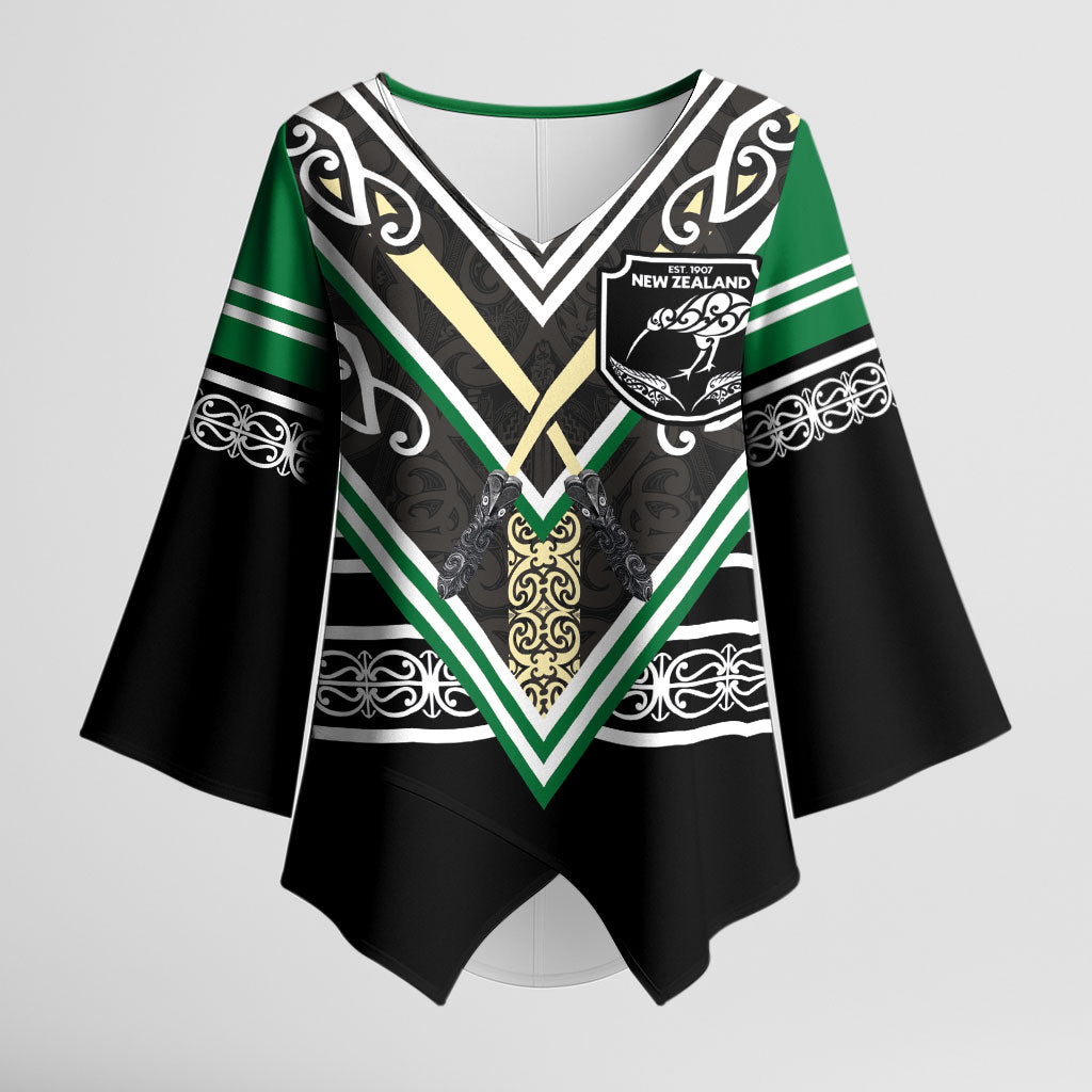 New Zealand Maori Rugby Custom Kimono Sleeve Blouse Aotearoa Koru Geometric - Naturalistic Green LT03 Female Green - Polynesian Pride