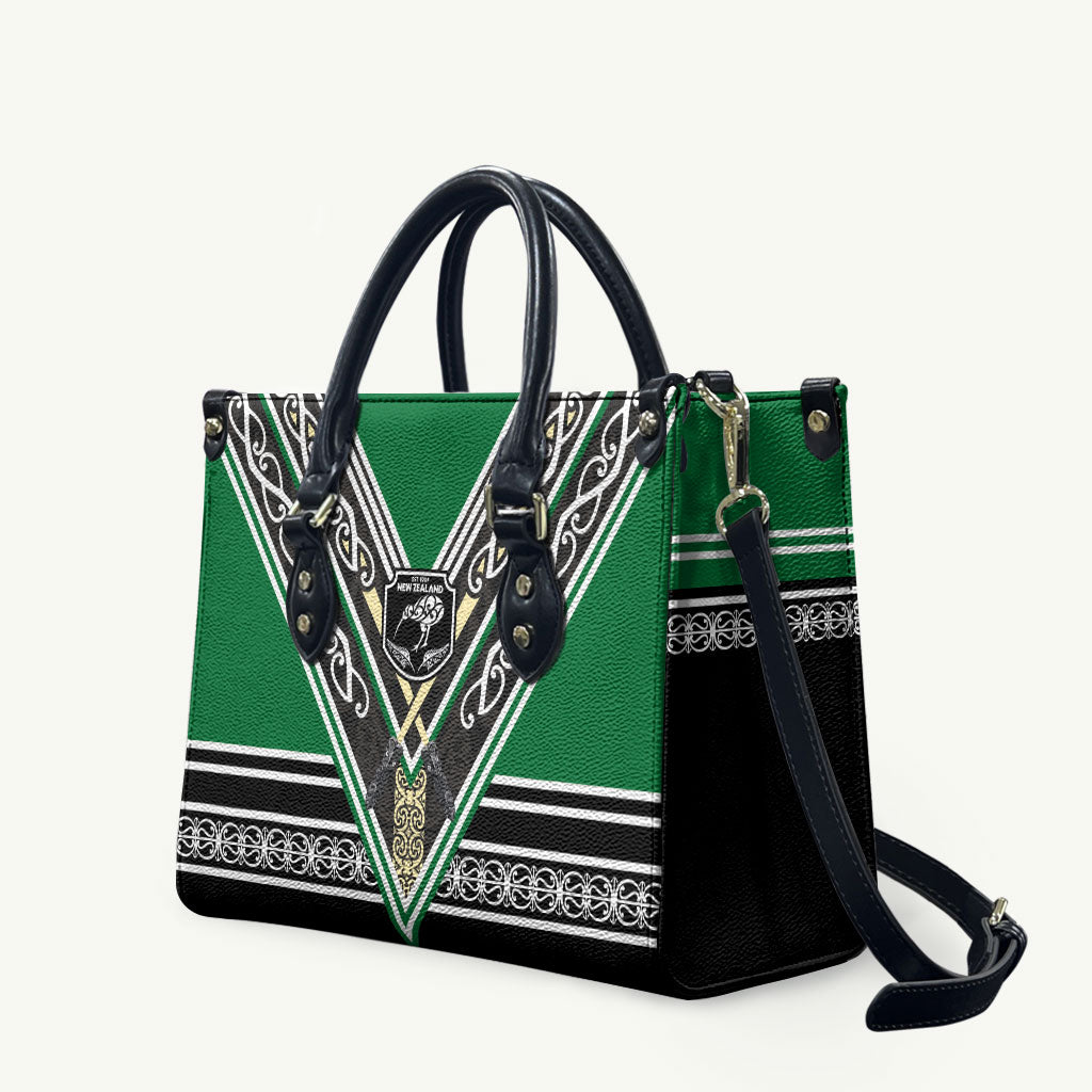 New Zealand Maori Rugby Leather Bag Aotearoa Koru Geometric - Naturalistic Green LT03 Green - Polynesian Pride