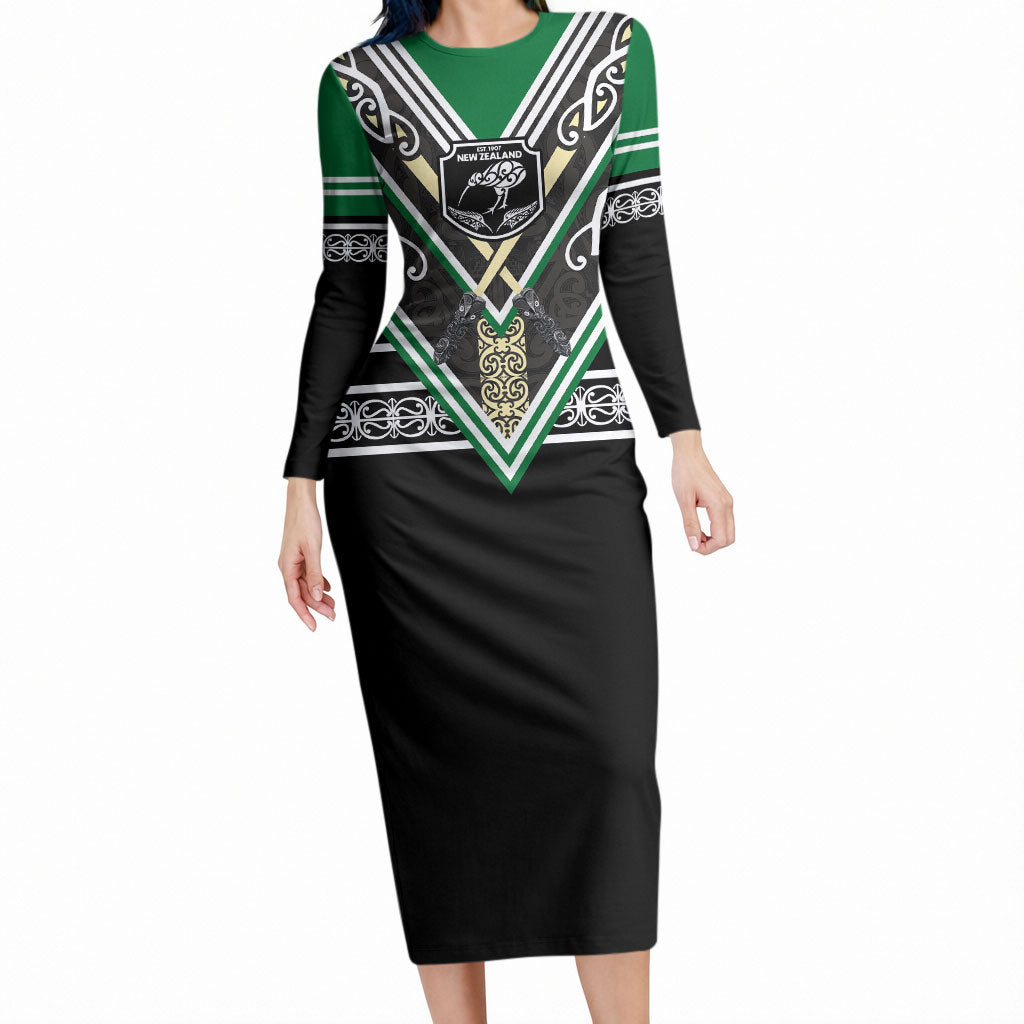 New Zealand Maori Rugby Custom Long Sleeve Bodycon Dress Aotearoa Koru Geometric - Naturalistic Green LT03 Long Dress Green - Polynesian Pride