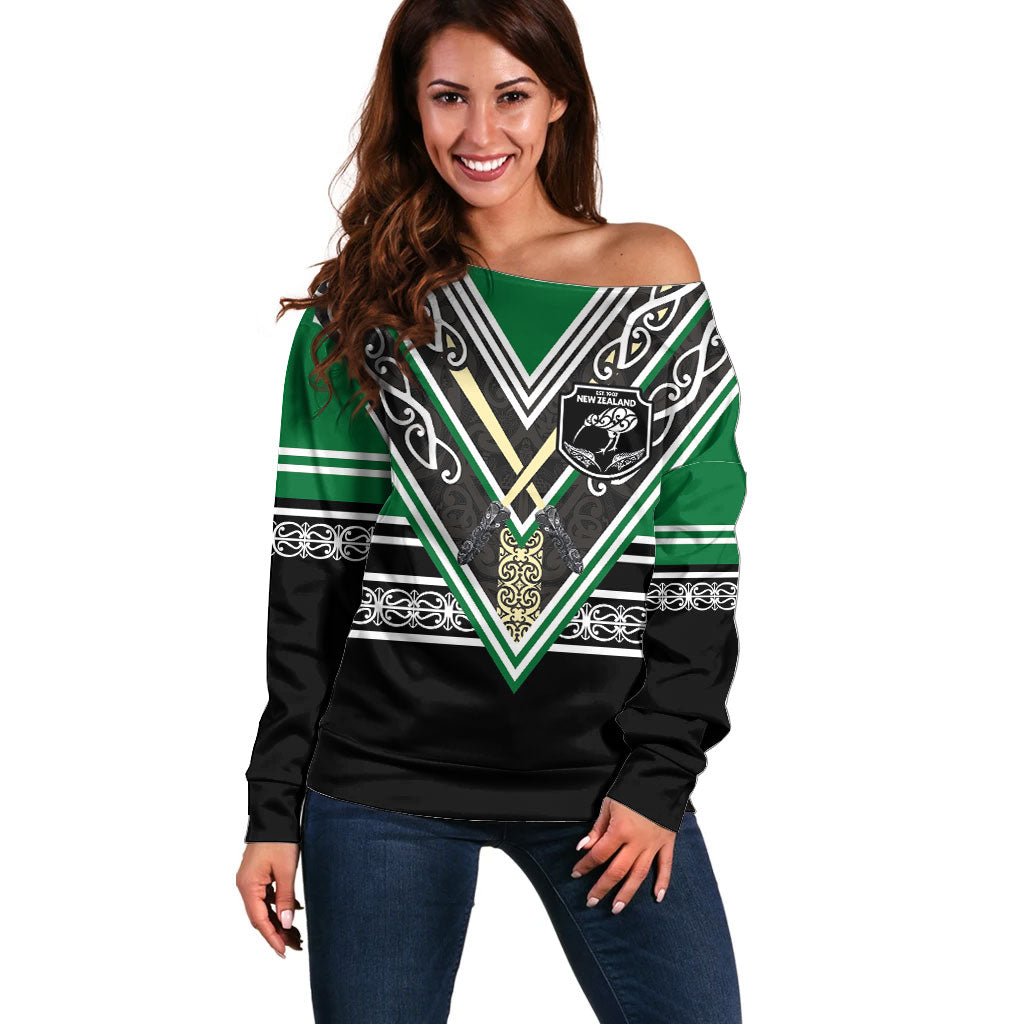 New Zealand Maori Rugby Custom Off Shoulder Sweater Aotearoa Koru Geometric - Naturalistic Green LT03 Women Green - Polynesian Pride