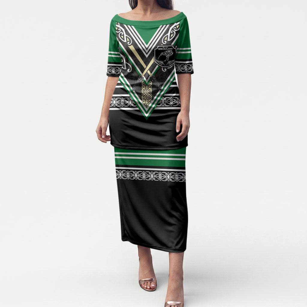 New Zealand Maori Rugby Custom Puletasi Aotearoa Koru Geometric - Naturalistic Green LT03 Long Dress Green - Polynesian Pride