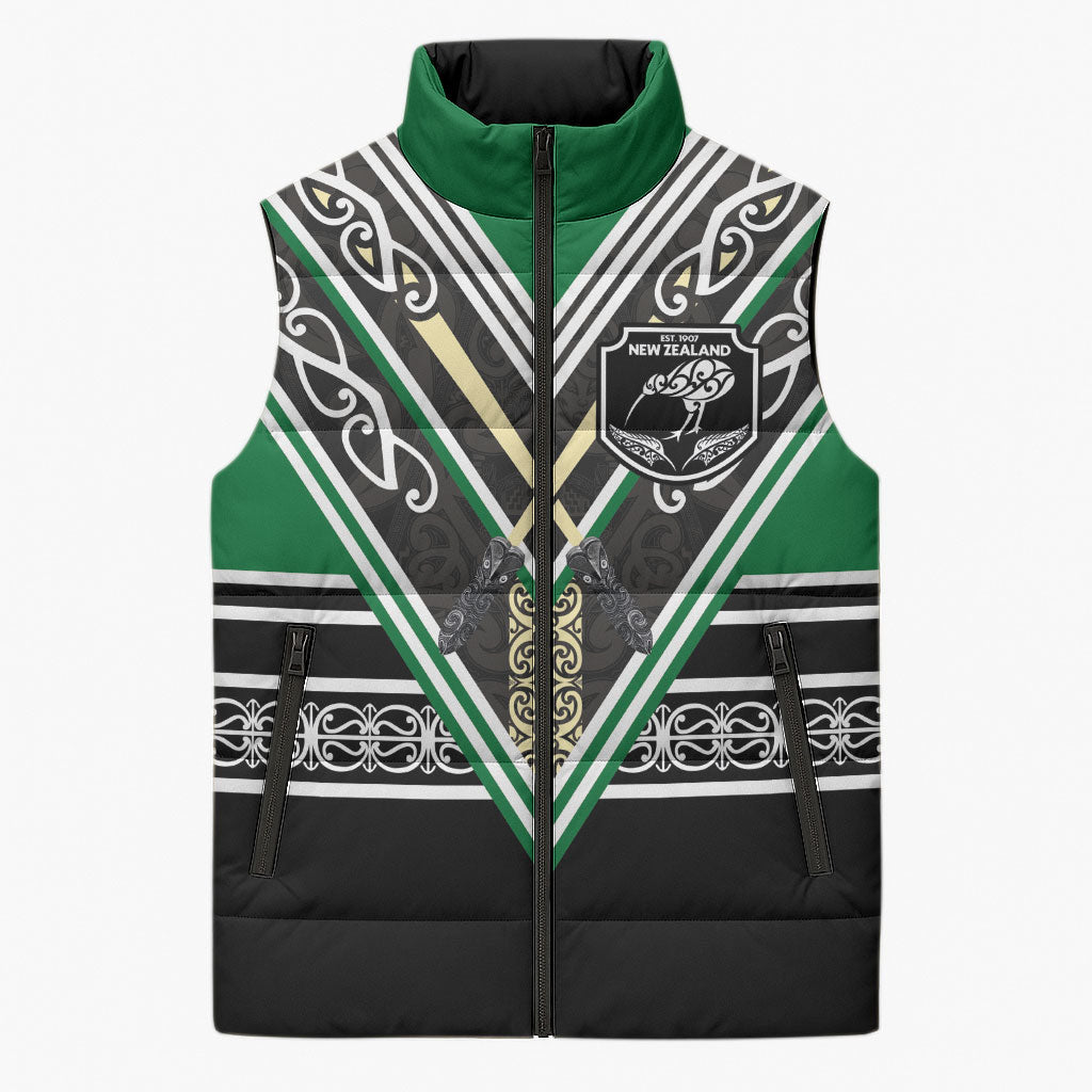 New Zealand Maori Rugby Custom Sleeveless Puffer Jacket Aotearoa Koru Geometric - Naturalistic Green LT03 Unisex Green - Polynesian Pride