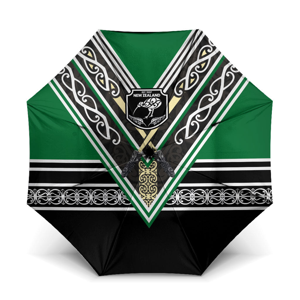 New Zealand Maori Rugby Umbrella Aotearoa Koru Geometric - Naturalistic Green LT03 One Size Folded 11.42 inch Opened Diameter 37.4 inch Green - Polynesian Pride