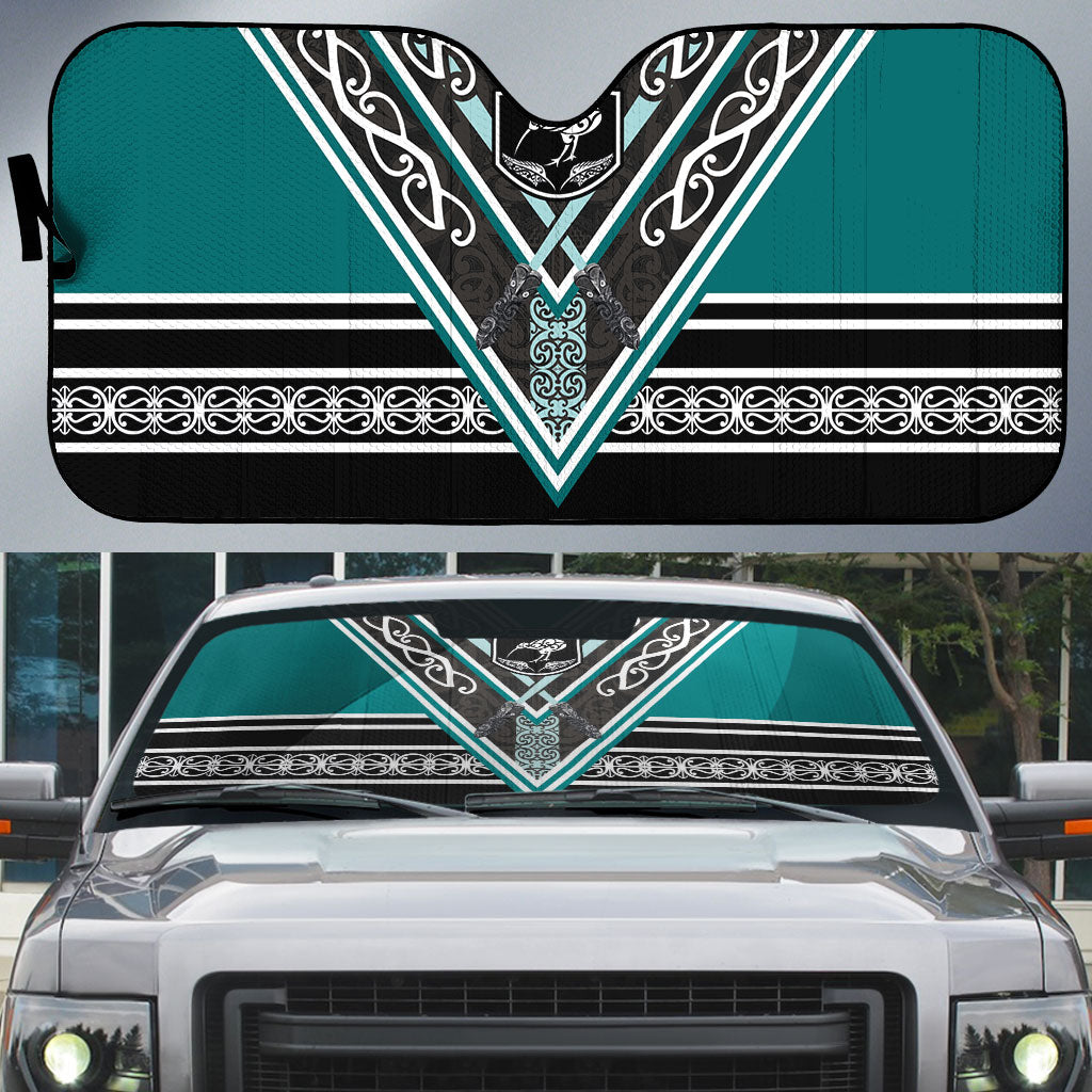 New Zealand Maori Rugby Auto Sun Shade Aotearoa Koru Geometric - Oceanic Color LT03 Turquoise - Polynesian Pride