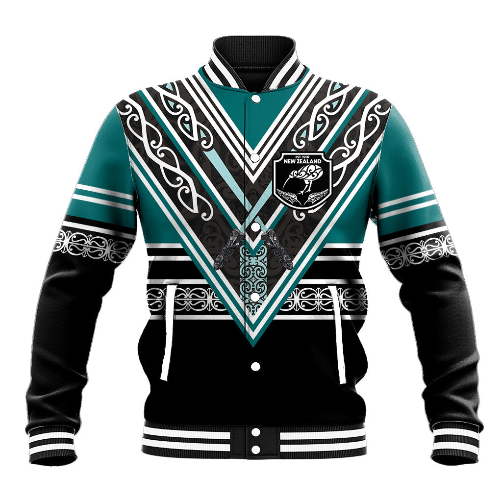 New Zealand Maori Rugby Custom Baseball Jacket Aotearoa Koru Geometric - Oceanic Color LT03 Unisex Turquoise - Polynesian Pride