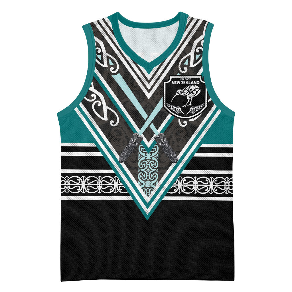 New Zealand Maori Rugby Custom Basketball Jersey Aotearoa Koru Geometric - Oceanic Color LT03 Unisex Turquoise - Polynesian Pride