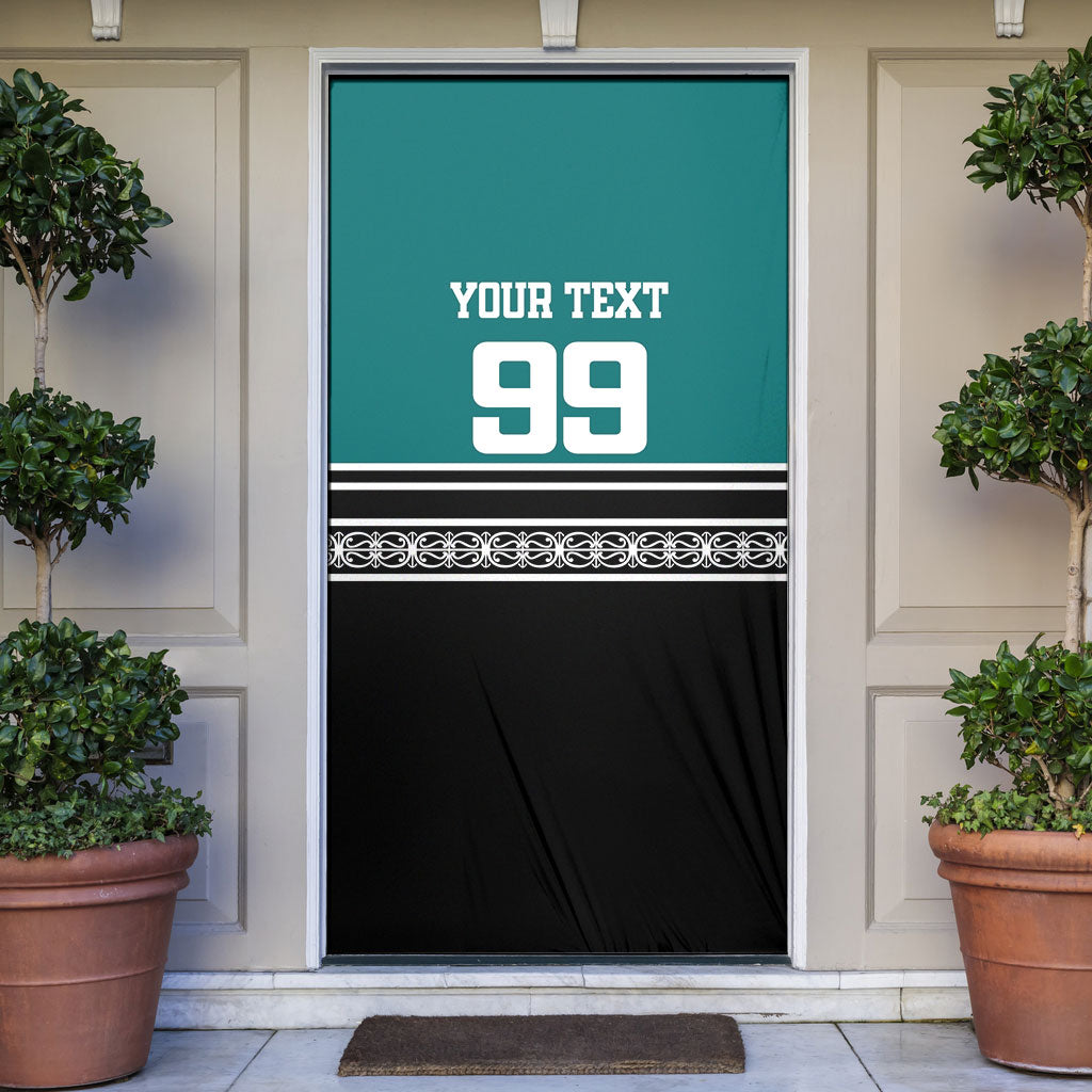 New Zealand Maori Rugby Custom Door Cover Aotearoa Koru Geometric - Oceanic Color LT03 Turquoise - Polynesian Pride