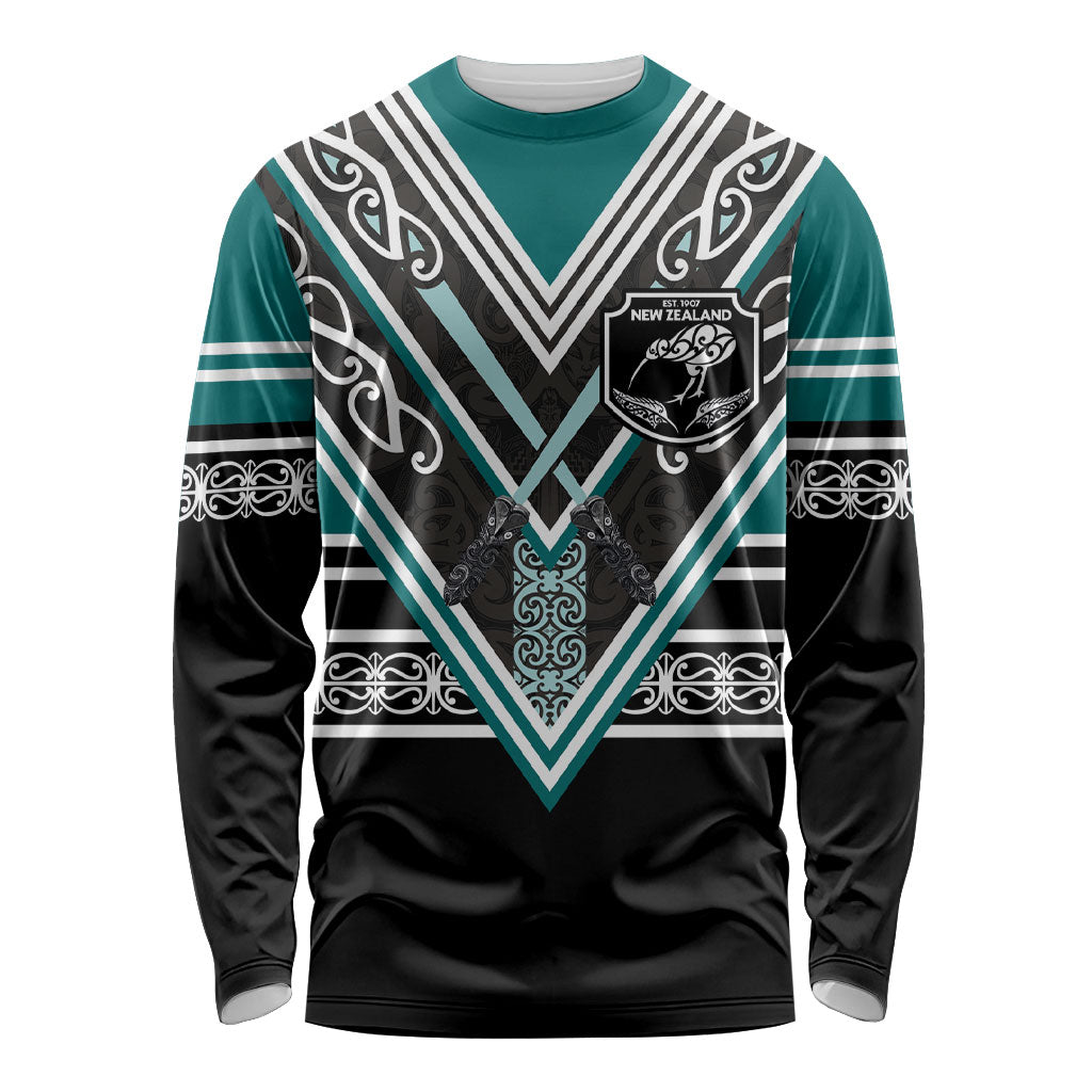 New Zealand Maori Rugby Custom Long Sleeve Shirt Aotearoa Koru Geometric - Oceanic Color LT03 Unisex Turquoise - Polynesian Pride