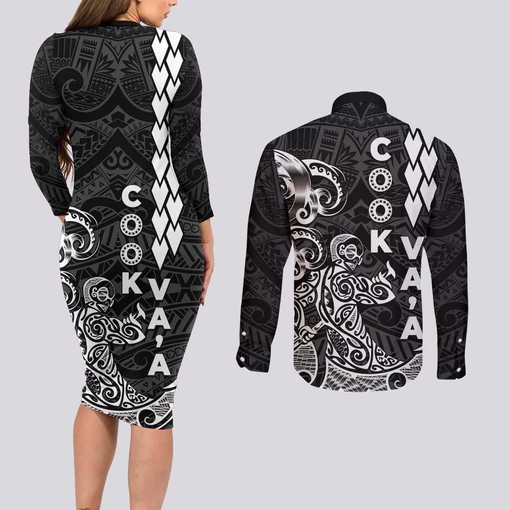 Cook Islands Vaa Polynesian Art Tattoo Couples Matching Long Sleeve Bodycon Dress and Long Sleeve Button Shirt Black Color