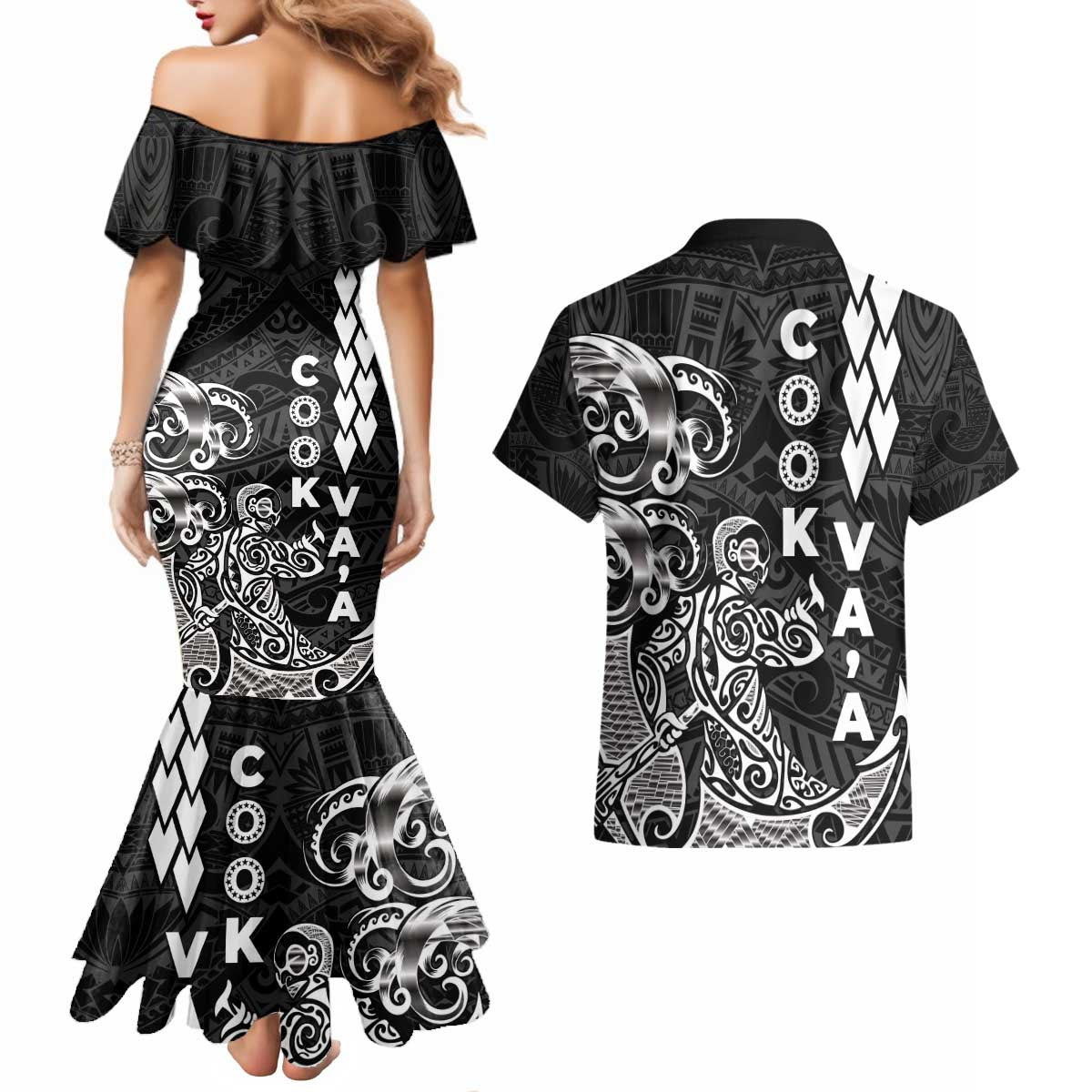 Cook Islands Va'a Polynesian Art Tattoo Couples Matching Mermaid Dress and Hawaiian Shirt Black Color LT03 - Polynesian Pride