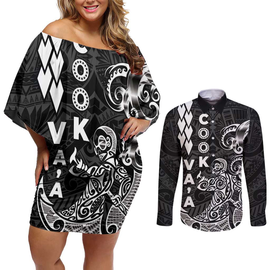 Cook Islands Vaa Polynesian Art Tattoo Couples Matching Off Shoulder Short Dress and Long Sleeve Button Shirt Black Color