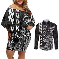 Cook Islands Vaa Polynesian Art Tattoo Couples Matching Off Shoulder Short Dress and Long Sleeve Button Shirt Black Color
