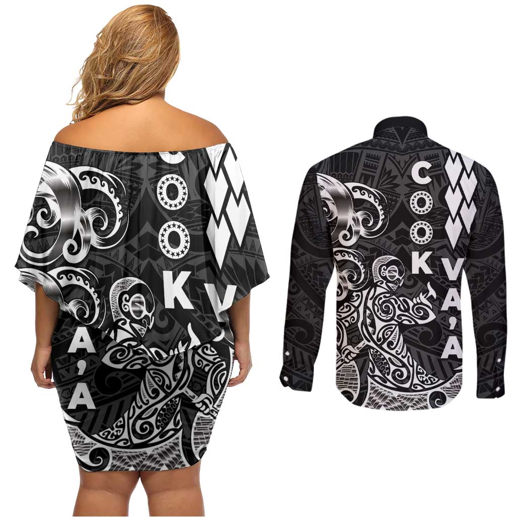 Cook Islands Vaa Polynesian Art Tattoo Couples Matching Off Shoulder Short Dress and Long Sleeve Button Shirt Black Color