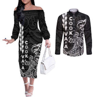 Cook Islands Vaa Polynesian Art Tattoo Couples Matching Off The Shoulder Long Sleeve Dress and Long Sleeve Button Shirt Black Color