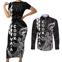 Cook Islands Vaa Polynesian Art Tattoo Couples Matching Short Sleeve Bodycon Dress and Long Sleeve Button Shirt Black Color
