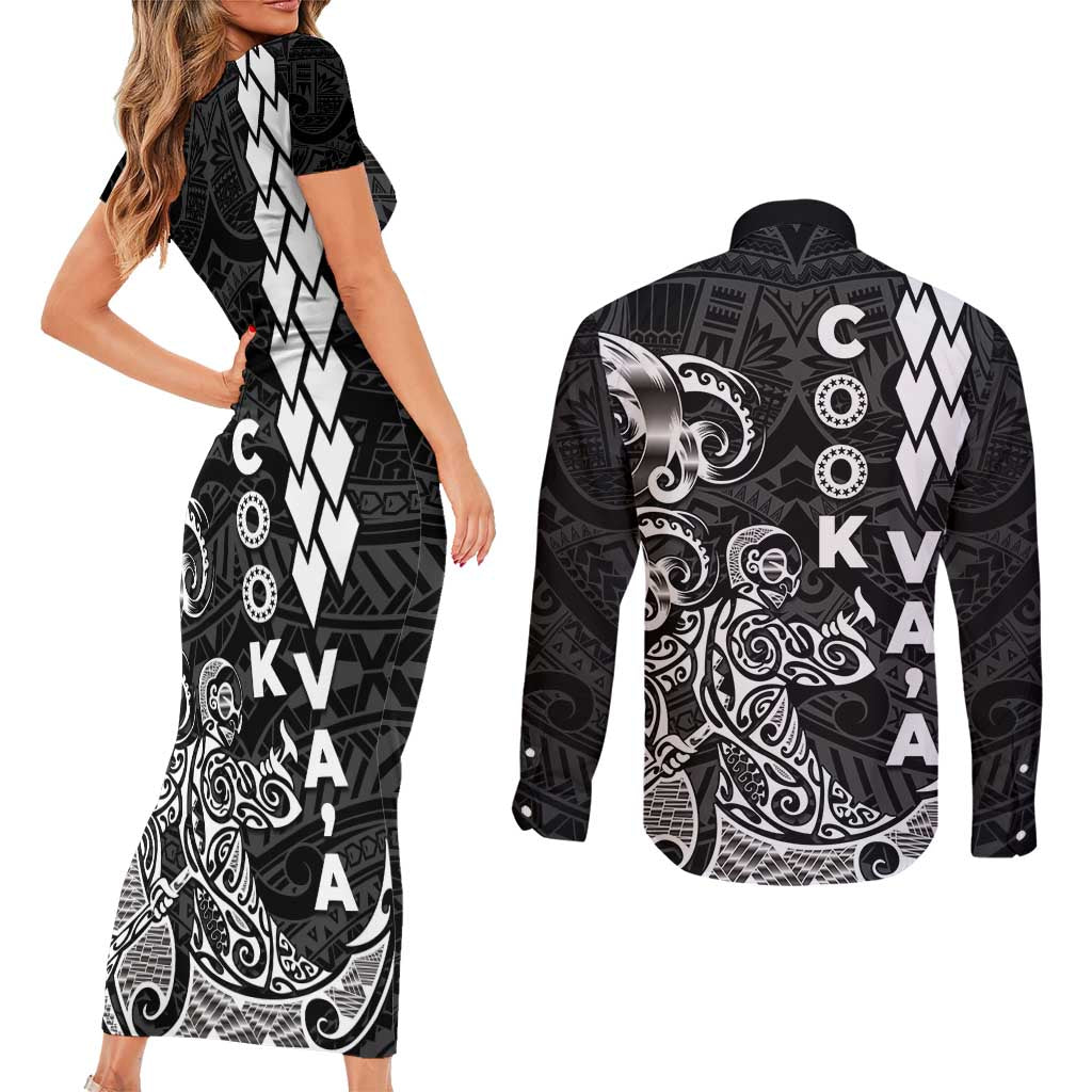 Cook Islands Vaa Polynesian Art Tattoo Couples Matching Short Sleeve Bodycon Dress and Long Sleeve Button Shirt Black Color