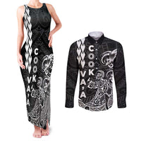 Cook Islands Vaa Polynesian Art Tattoo Couples Matching Tank Maxi Dress and Long Sleeve Button Shirt Black Color