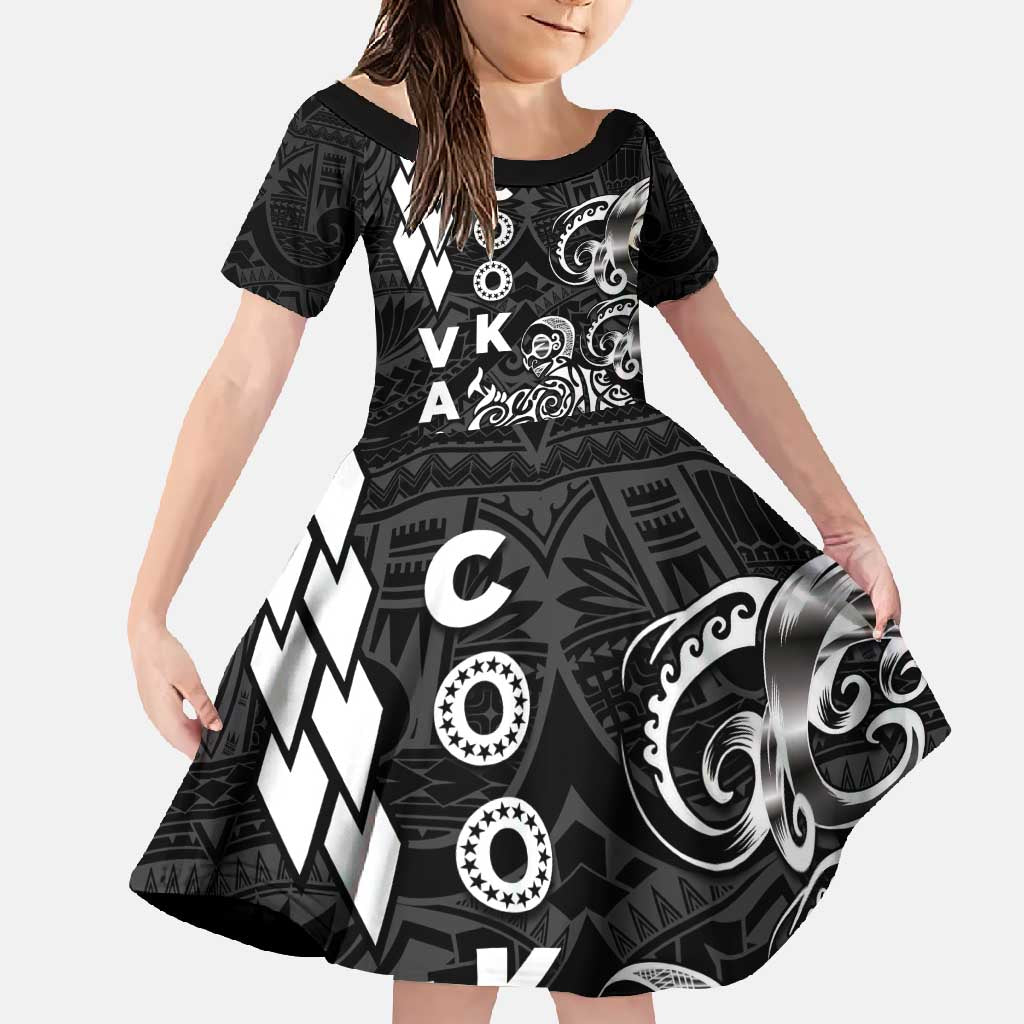 Cook Islands Va'a Polynesian Art Tattoo Family Matching Long Sleeve Bodycon Dress and Hawaiian Shirt Black Color LT03 Daughter's Dress Black - Polynesian Pride