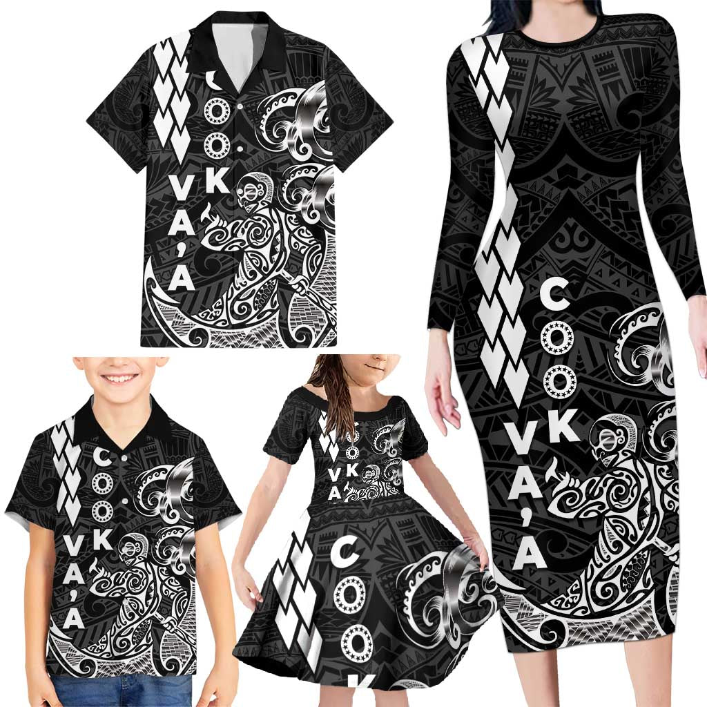 Cook Islands Va'a Polynesian Art Tattoo Family Matching Long Sleeve Bodycon Dress and Hawaiian Shirt Black Color LT03 - Polynesian Pride