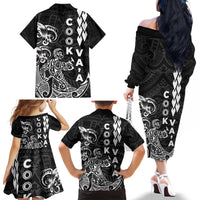 Cook Islands Vaa Polynesian Art Tattoo Family Matching Off The Shoulder Long Sleeve Dress and Hawaiian Shirt Black Color