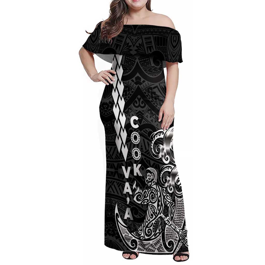 Cook Islands Vaa Polynesian Art Tattoo Family Matching Off Shoulder Maxi Dress and Hawaiian Shirt Black Color
